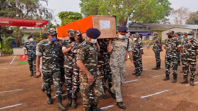 Mortal remains of a jawan of CRPF's CoBRA battalion who lost his life in an encounter with Naxals in Sukma Saturday brought to Jagdalpur. Photo Courtesy: ANI