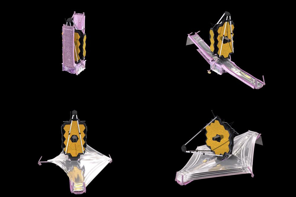 This combination of images from a computer animation made available by NASA in December 2021 depicts the unfolding of the components of the James Webb Space Telescope.