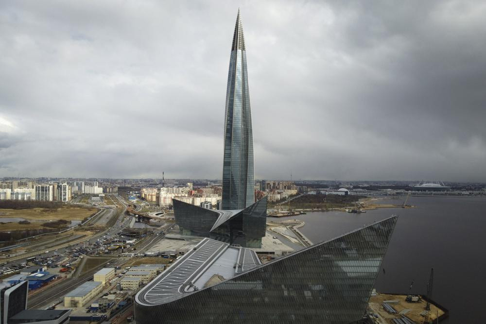 A view of the business tower Lakhta Centre, the headquarters of Russian gas monopoly Gazprom in St. Petersburg, Russia, Wednesday, April 27, 2022.