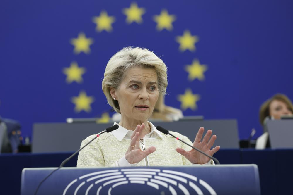 European Commission President Ursula von der Leyen delivers her speech during a debate on the social and economic consequences for the EU of the Russian war in Ukraine, Wednesday.