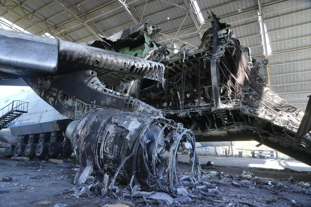 The gutted remains of an Antonov An-225, the world's biggest cargo aircraft, destroyed during recent fighting between Russian and Ukrainian forces, at the Antonov airport in Hostomel, on the outskirts of Kyiv, Ukraine, Thursday.
