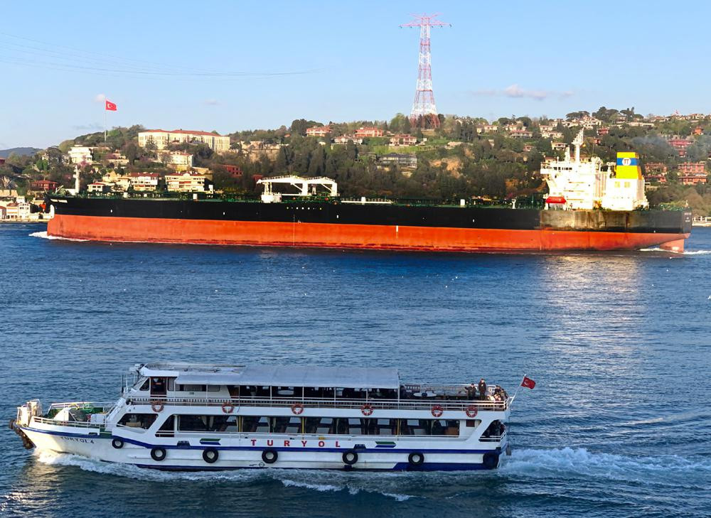 The Greek-flagged oil tanker Prudent Warrior, background, is seen as it sails past Istanbul, Turkey, April 19, 2019.