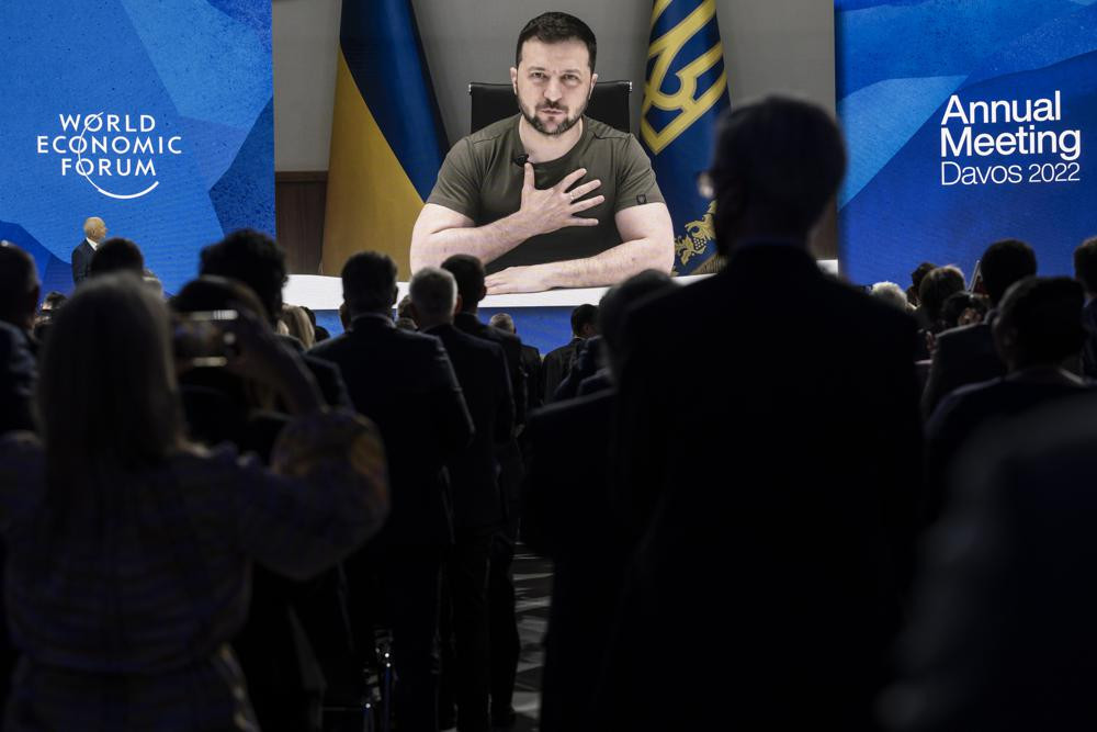 FILE - Ukrainian President Volodymyr Zelenskyy addresses by videolink the opening plenary session during the 51st annual meeting of the World Economic Forum, WEF, in Davos, Switzerland, on May 23, 2022.