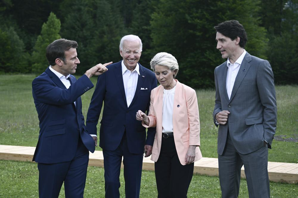 From left, President Emmanuel Macron, US President Joe Biden, European Commission President Ursula von der Leyen and Canada's Prime Minister Justin Trudeau during the G7 Summit at Castle Elmau in Kruen, Germany, Sunday, June 26, 2022. AP/RSS Photo