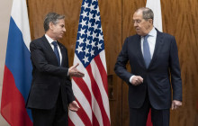 US Secretary of State Antony Blinken, left, greets Russian Foreign Minister Sergey Lavrov before their meeting, in Geneva, Switzerland, Friday, Jan. 21, 2022.