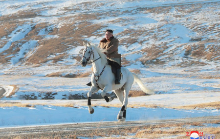 In this undated photo provided on Wednesday, Oct. 16, 2019, by the North Korean government, North Korean leader Kim Jong Un rides a white horse to climb Mount Paektu, North Korea.