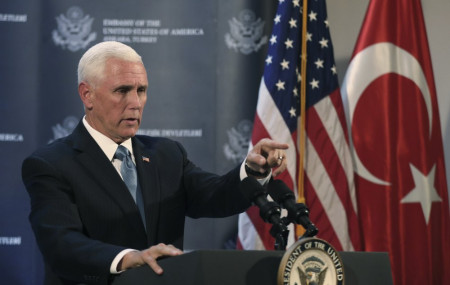 U.S. Vice President Mike Pence speaks at the U.S. ambassador's residence during a news conference in Ankara, Turkey, Thursday, Oct. 17, 2019.