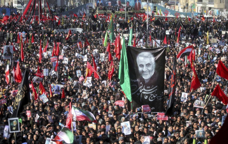 Mourners attend a funeral ceremony for Iranian Gen. Qassem Soleimani and his comrades, who were killed in Iraq in a U.S. drone strike on Friday, in the city of Kerman, Iran, Tuesday, Jan. 7, 2020.