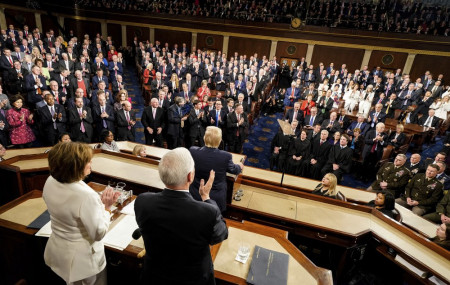 President Donald Trump delivers his State of the Union address to a joint session of Congress on Capitol Hill in Washington, Tuesday, Feb. 4, 2020, as House Speaker Nancy Pelosi of Calif., left, and Vice President Mike Pence watch.
