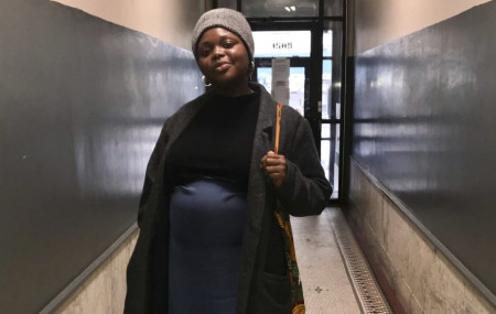 This Feb 1, 2020 photo provided Maureen Nicol shows her in Harlem, N.Y. Nicol, a single Columbia University PhD student pregnant with her first child, will be giving birth out of state, not as planned.