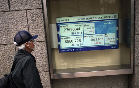 A man wearing a mask against the spread of the new coronavirus looks at an electronic stock board showing world stock indexes at a securities firm in Tokyo Tuesday, April 21, 2020.