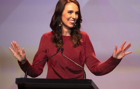 New Zealand Prime Minister Jacinda Ardern gestures as she gives her victory speech to Labour Party members at an event in Auckland, New Zealand, Saturday, Oct. 17, 2020.