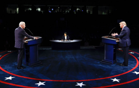 US President Donald Trump and Democratic presidential candidate former Vice President Joe Biden participate in the final presidential debate at Belmont University, Thursday, Oct. 22, 2020, in Nashville, Tennessee.