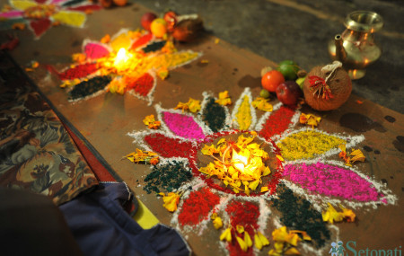 Praparations for Mha Puja celebrated on the first day of Nepal Sambat.