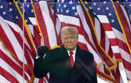 In this Jan. 6, 2021, file photo, US President Donald Trump arrives to speak at a rally in Washington. Former President Trump will find out whether he gets to return to Facebook on Wednesday, May 5, 2021.
