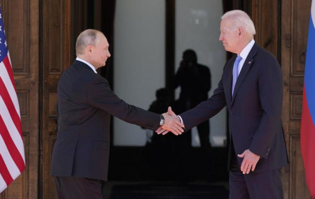 US President Joe Biden and Russian President Vladimir Putin, arrive to meet at the 'Villa la Grange', Wednesday, June 16, 2021, in Geneva, Switzerland.