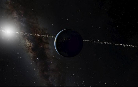 This illustration depicts the planet Earth, center, with the Sun in the background. The line of spots across the center of the image indicates star systems which can see Earth as it goes in front of our Sun.