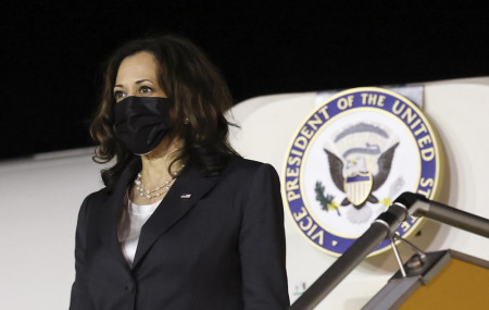 U.S. Vice President Kamala Harris arrives at the airport in Hanoi, Vietnam, Tuesday, Aug. 24, 2021. Harris is on a weeklong trip through Southeast Asia.