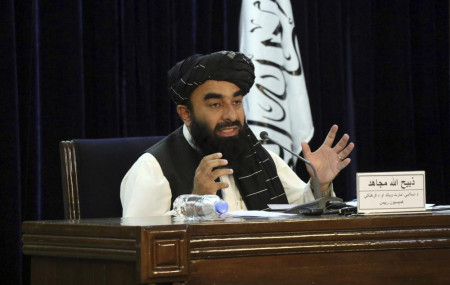 Taliban spokesman Zabihullah Mujahid speaks during a press conference in Kabul, Afghanistan Tuesday, Sept. 7, 2021.