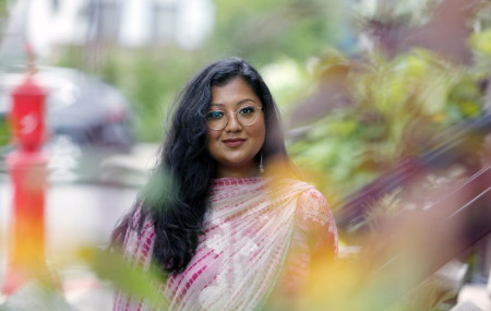Shahana Hanif, a community organizer strongly favored to win a seat on the New York City Council in the upcoming municipal election, stands in front of her home in the Kensington neighborhood of the Brooklyn borough of New York.