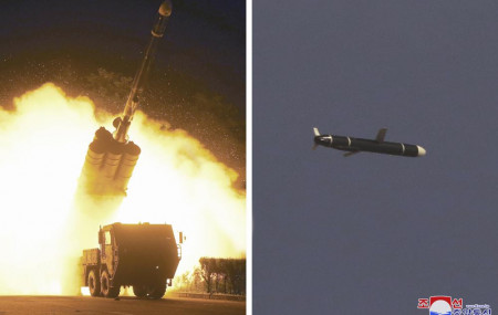 This combination of photos provided by the North Korean government on Monday, Sept. 13, 2021, shows long-range cruise missiles tests held on Sept. 11 -12, 2021 in an undisclosed location of North Korea.