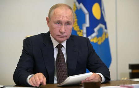 Russia's President Vladimir Putin attends a meeting of the Collective Security Treaty Organization (CSTO) via video conference at the Novo-Ogaryovo residence outside Moscow, Russia, Thursday, Sept. 16, 2021.