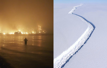 In this combination of 2021 and 2017 photos, a man watches as wildfires approach Kochyli beach on the Greek island of Evia, and a rift in the Antarctic Peninsula's Larsen C ice shelf is observed during a flyover by NASA.