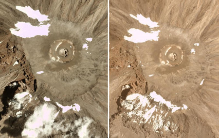This combination of satellite images provided by Planet Labs Inc. shows glaciers at Mt. Kilimanjaro in Tanzania in 2016, left and 2021.