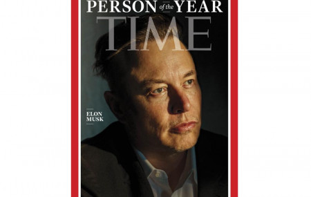 This photo provided by Time magazine shows Elon Musk on the cover of the magazine's Dec. 27 - Jan 3 double issue announcing Musk as their 2021 