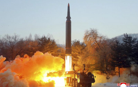 This photo provided by the North Korean government, shows what it says a test launch of a hypersonic missile in North Korea Wednesday, Jan. 5, 2022.