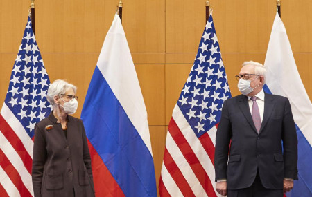 US Deputy Secretary of State Wendy Sherman, left, and Russian deputy foreign minister Sergei Ryabkov attend security talks at the United States Mission in Geneva, Switzerland, Monday, Jan. 10, 2022.