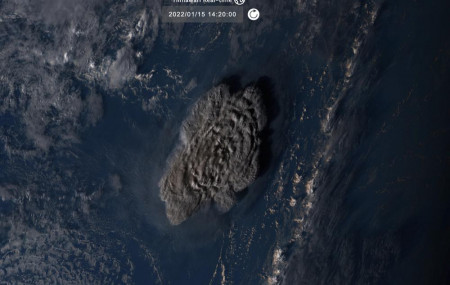 This satellite image taken by Himawari-8, a Japanese weather satellite operated by Japan Meteorological Agency, shows an undersea volcano eruption at the Pacific nation of Tonga Saturday, Jan. 15, 2022.