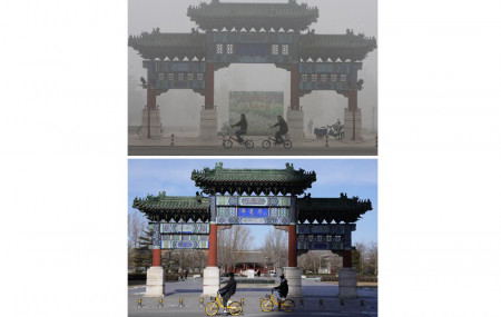 Cyclists ride past a traditional Chinese gateway during a day murky from fog and pollution in Beijing, on Oct. 26, 2007, top, and the same location on Feb. 5, 2022.