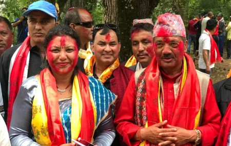 Mohan Basnet (R) and Basanti Tamang after being elected mayor and deputy mayor of Dakshinkali municipality  respectively.