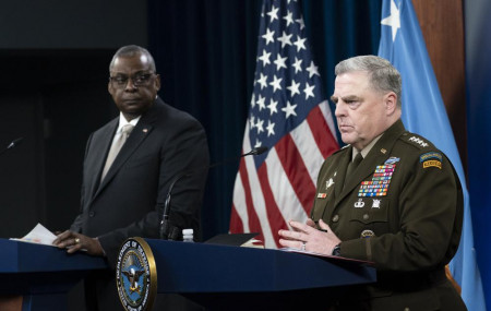 US Secretary of Defense Lloyd Austin, left, and Joint Chiefs Chairman Gen. Mark Milley, speak with reporters after a virtual meeting of the Ukraine Defense Contact Group at the Pentagon, Monday, May 23, 2022, in Washington.