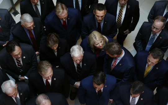 Rep. Debbie Lesko, R-Ariz., center, gathers with fellow House Republicans for a news conference.