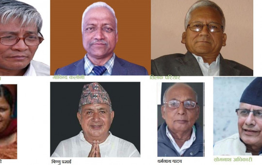 (From left) Amik Sherchan, Govinda Kalauni, Tilak Pariyar, Sharmila Tripathi, Bishnu Prasai, Dharma Nath Yadav and Som Nath Adhikari Pyasi.