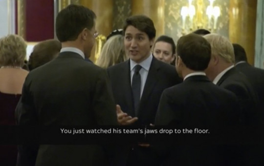 In this grab taken from video on Tuesday, Dec. 3, 2019, Canada's Prime Minister Justin Trudeau gossips about US President Donald Trump with other leaders.