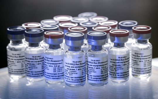In this handout photo taken on Thursday, Aug. 6, 2020, and provided by Russian Direct Investment Fund, a new vaccine is on display at the Nikolai Gamaleya National Center of Epidemiology and Microbiology in Moscow, Russia.