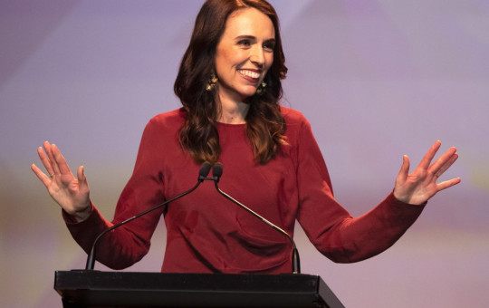 New Zealand Prime Minister Jacinda Ardern gestures as she gives her victory speech to Labour Party members at an event in Auckland, New Zealand, Saturday, Oct. 17, 2020.