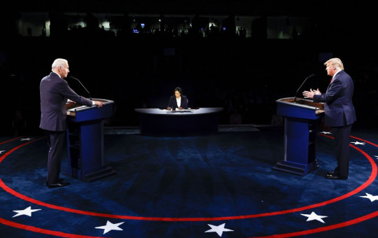 US President Donald Trump and Democratic presidential candidate former Vice President Joe Biden participate in the final presidential debate at Belmont University, Thursday, Oct. 22, 2020, in Nashville, Tennessee.
