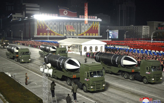 This photo provided by the North Korean government shows missiles during a military parade marking the ruling party congress, at Kim Il Sung Square in Pyongyang, North Korea Thursday, Jan. 14, 2021.