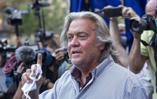 In this Aug. 20, 2020, file photo, President Donald Trump's former chief strategist, Steve Bannon, speaks after pleading not guilty to charges that he ripped off donors to an online fundraising scheme to build a southern border wall.