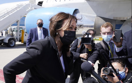Vice President Kamala Harris speaks to the media on India, prior to boarding Air Force Two, Friday, April 30, 2021, at Cincinnati/Northern Kentucky International Airport, in Hebron, on return to Washington.