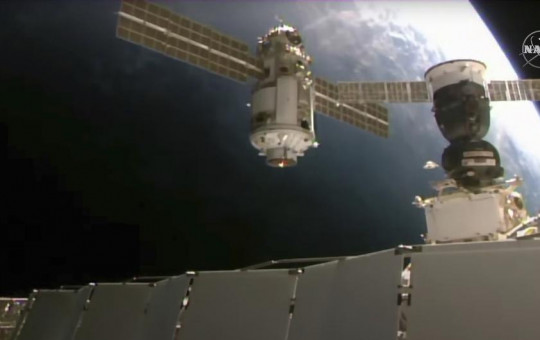 This Thursday, July 29, 2021 image provided by NASA shows the 20-metric-ton (22-ton) Nauka module, also called the Multipurpose Laboratory Module as it approaches the International Space Station space station.