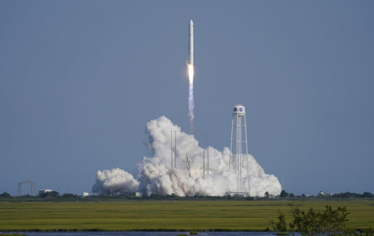 Northrop Grumman's Antares rocket lifts off the launch pad at the NASA Test Flight Facility, Tuesday, Aug. 10, 2021, in Wallops Island, Va. The rocket carries a Cygnus space vessel that will deliver supplies to the International Space Station.