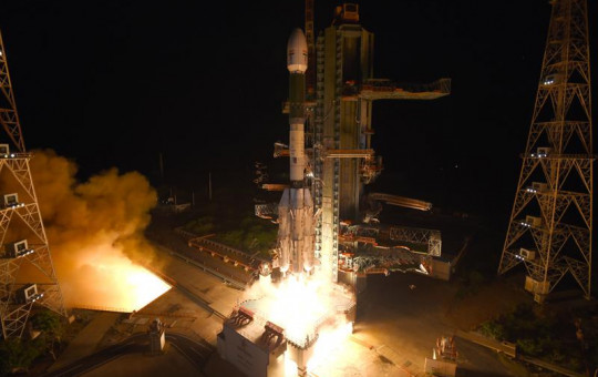 This photograph released by the Indian Space Research Organization (ISRO) shows Geosynchronous Satellite Launch Vehicle (GSLV-F10) carrying EOS-03, an Earth Observation satellite, taking off from Satish Dhawan Space Center in Sriharikota, India, Thursday.
