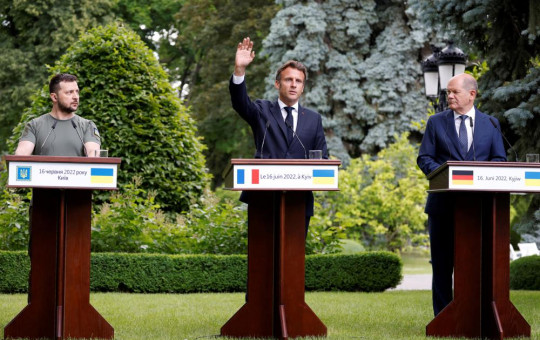 From left, Ukraine President Volodymyr Zelenskyy, France's President Emmanuel Macron and German Chancellor Olaf Scholz attend a press conference in Kyiv, Thursday, June 16, 2022.