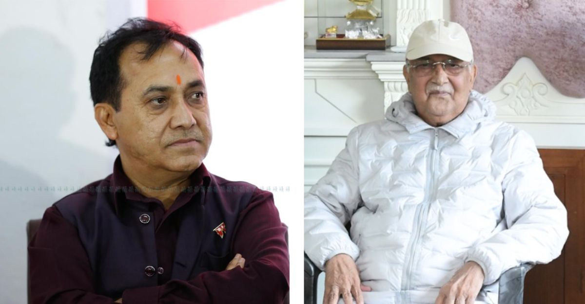 Nepali Congress Vice-president Bishwa Prakash Sharma (left) and CPN-UML Chairman KP Sharma Oli