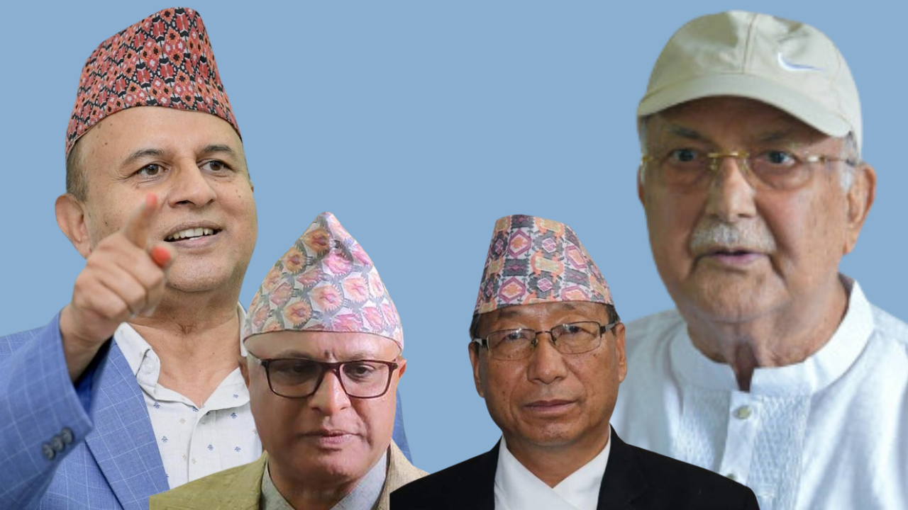 (From left) Shankar Pokharel, Hikmat Karki, Til Kumar Menyangbo, and KP Sharma Oli